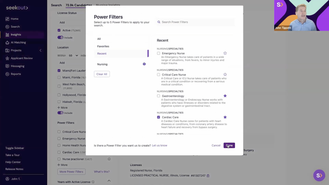 A screenshot of SeekOut's webinar "Advanced sourcing for healthcare professionals" featuring co-founder John Tippett demoing some of SeekOut's Power Filters in the new nursing talent pool.