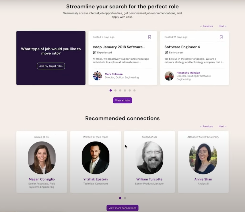 A screenshot of the SeekOut Grow user interface for Career Compass, showing two segments of the internal talent marketplace that offer employees recommended roles and connections to explore within their company