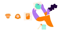 an illustration with an abstract depiction of workforce planning featuring a cartoon woman at a gallery of orange employee headshots and holding one that's been painted mint green to indicate selection for career growth