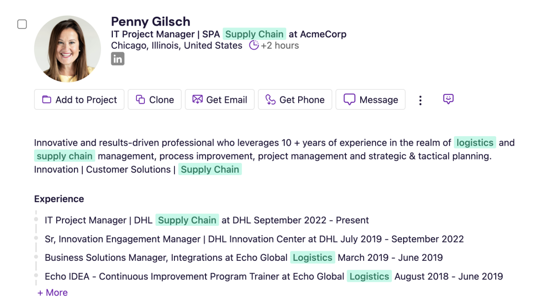 Image of the SeekOut product interface with a candidate's profile to demonstrate the Smart Search Highlights capability by showing certain keywords related to logistics and supply chain are highlighted, making it easier for the user to understand why this candidate is relevant related to their search terms.