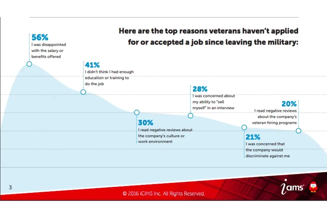 A chart showing the reasons veterans haven't applied for or accepted a job since leaving the military.