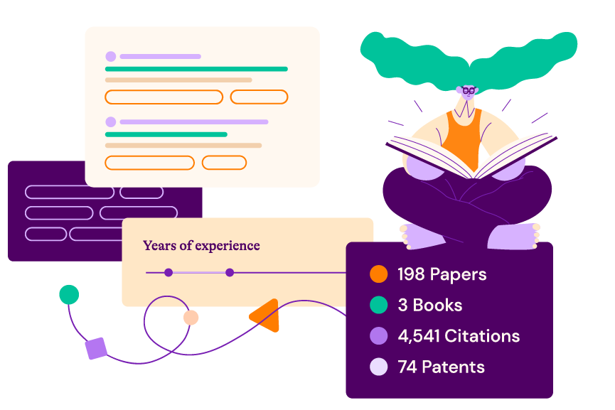 Illustration of expertise filters and character reading a book