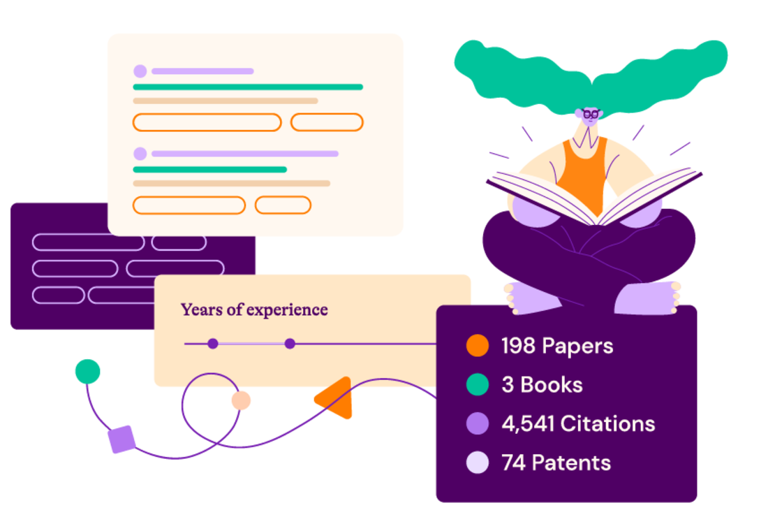 Illustration of expertise filters and character reading a book