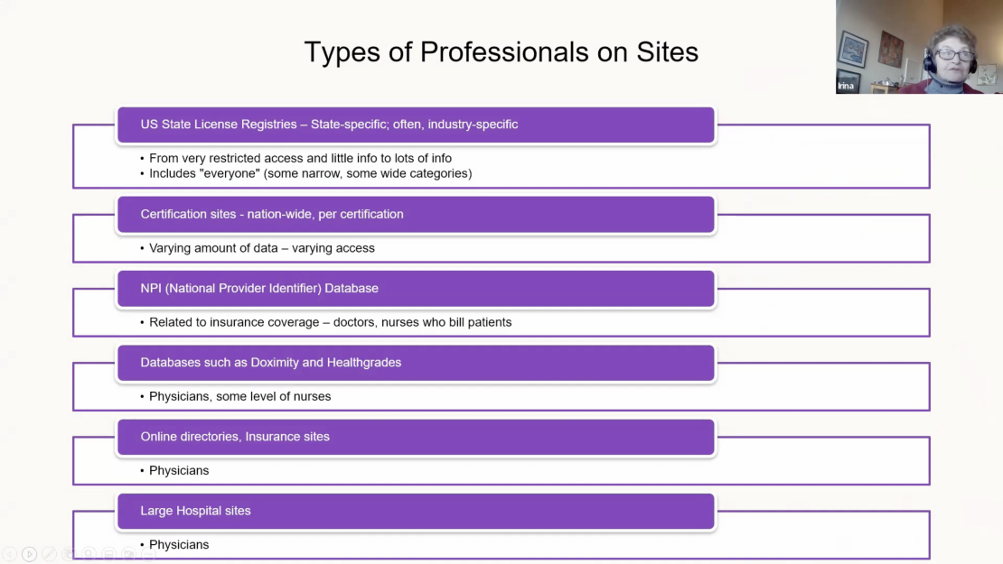 A screenshot from SeekOut's webinar "Advanced sourcing for healthcare professionals" featuring Irina Shamaeva explaining which publicly available websites contain information on healthcare professionals.