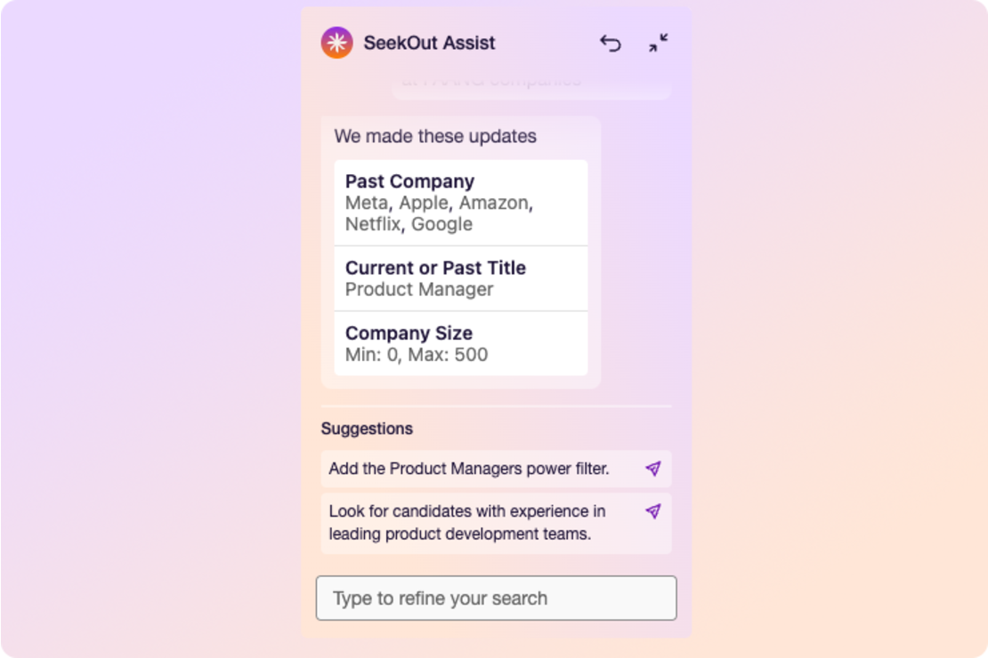 Conversational Search with a suggested prompt from SeekOut Assist 
