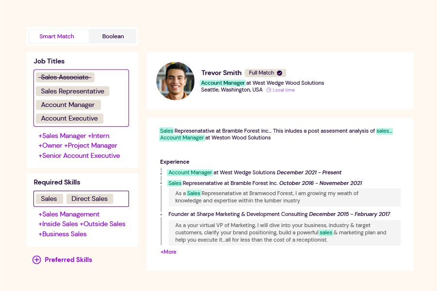 A simplified example of the SeekOut Smart Match user interface, showing user inputs on the left, which include the job titles and required skills that the user selected for their search, and an example candidate profile, Trevor Smith, shown as a result of the search on the right.