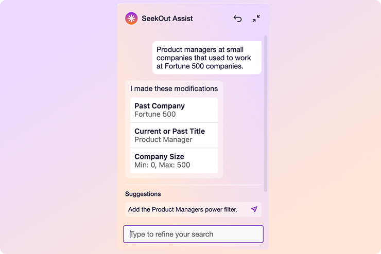 Conversational Search tool showing filters applied to search