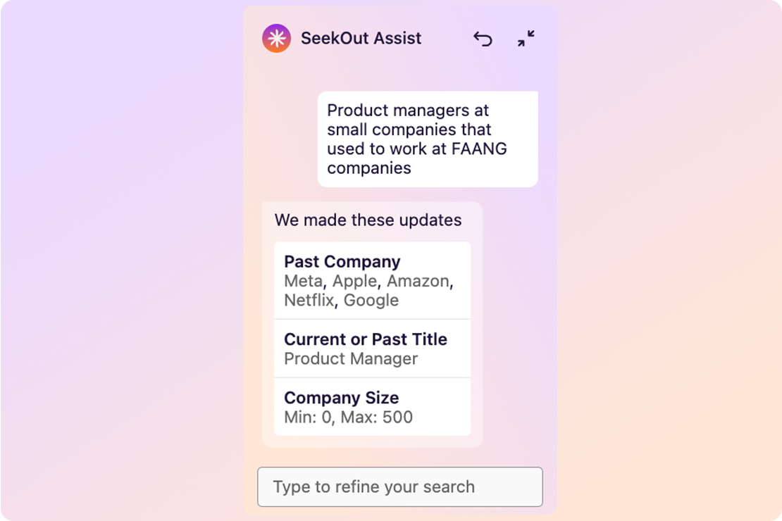 Conversational Search tool showing filters applied to search