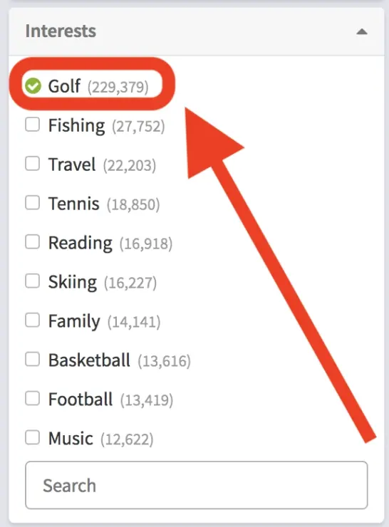 A screenshot of the SeekOut application's Interest filter. 