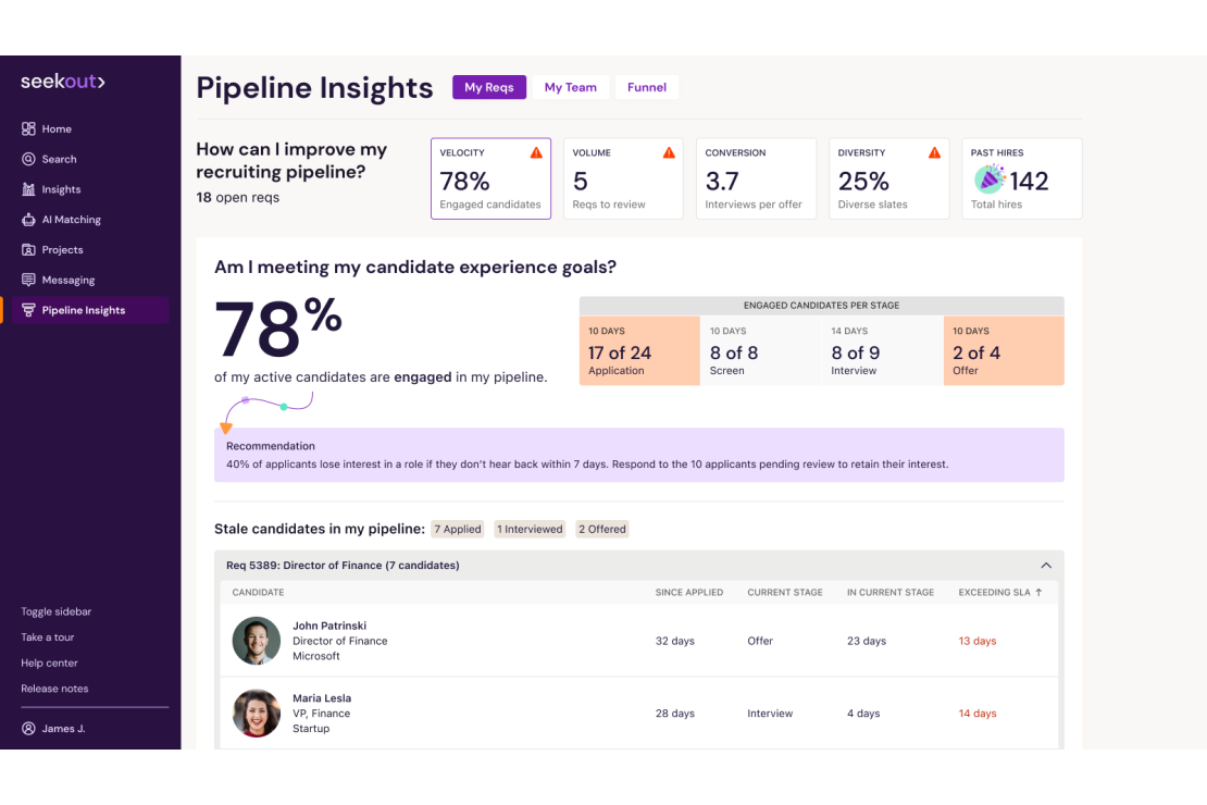A screenshot of SeekOut's Pipeline Insights showing Recruiter View, which includes data to help recruiters improve their recruiting pipeline, a measurement of how they are performing to candidate experience goals, recommended actions to take that can improve recruiting metrics, and stale candidates within their pipeline that need attention.