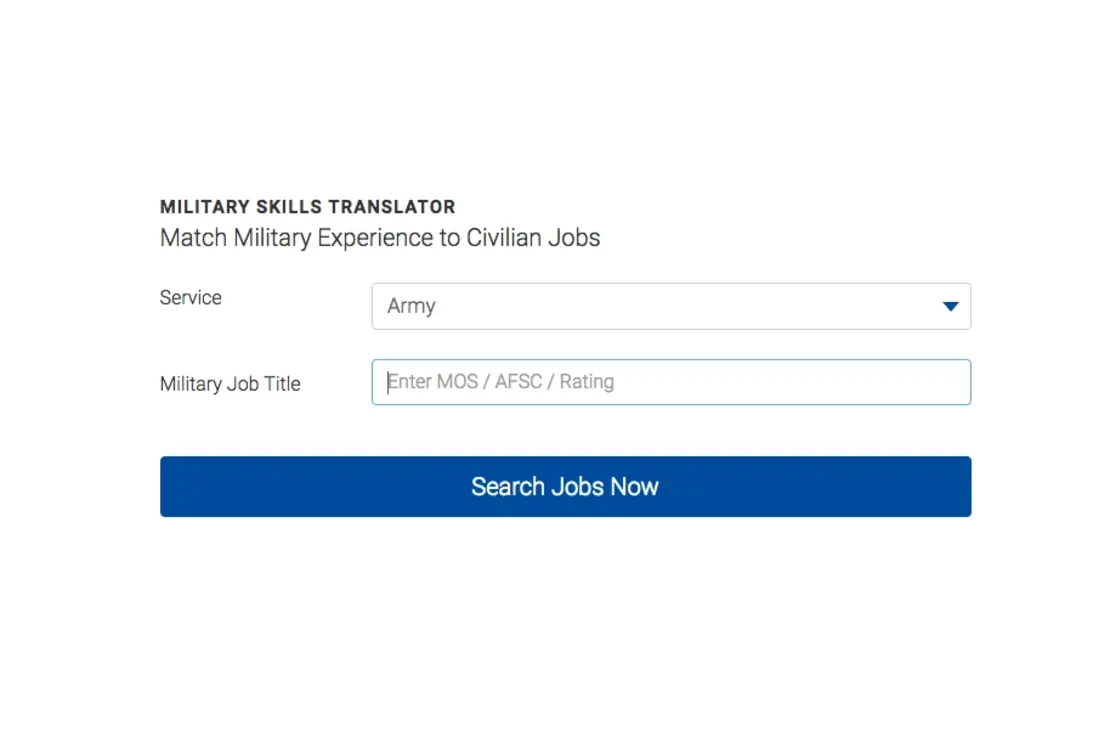 A screenshot of military skills translator on www.military.com.