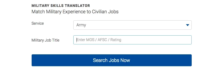 A screenshot of military skills translator on www.military.com.