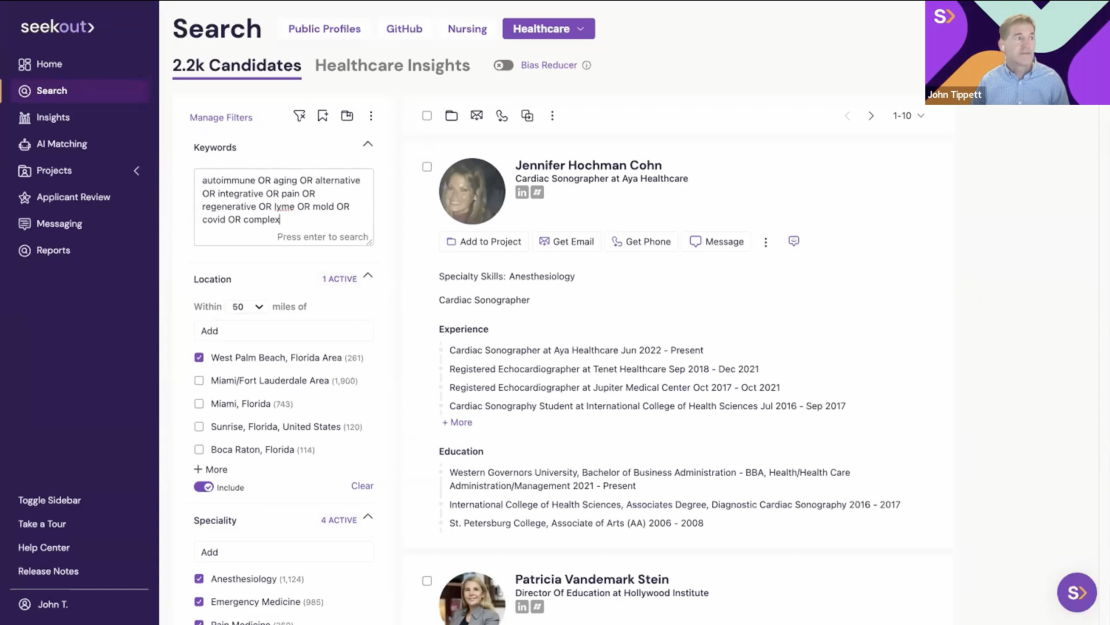 A screenshot from SeekOut's webinar "Advanced sourcing for healthcare professionals" featuring co-founder John Tippet demoing SeekOut's healthcare solution, wherein John has used a boolean search in conjunction with SeekOut's filtering capabilities to look for a specialized healthcare professional near West Palm Beach, Florida, and returned more than 2,000 comprehensive candidate profiles.
