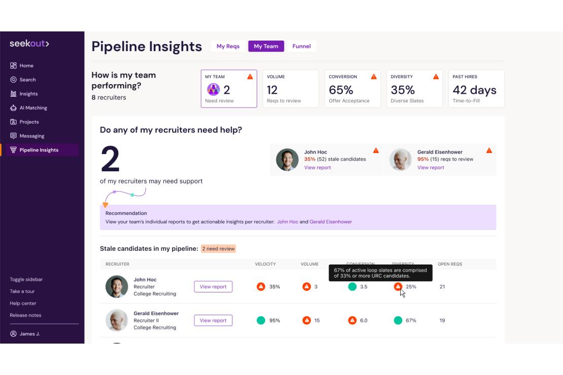 A screenshot of SeekOut's Pipeline Insights showing Manager View with high-level information on how the TA team is performing, which team members may need help, recommendations for action that can improve recruiting metrics, and a look at stale candidates in the pipeline that need attention; plus, we see how data is annotated by tooltips when hovering over certain information.