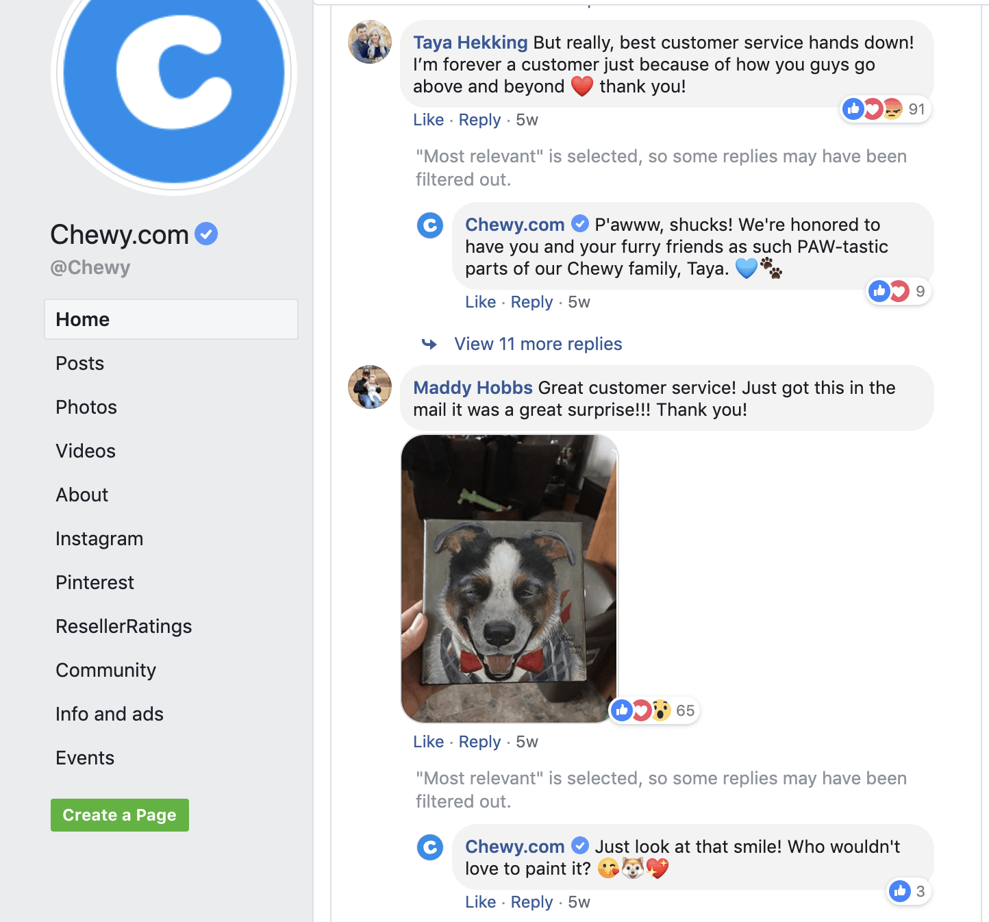 chewy facebook page good customer service in retail
