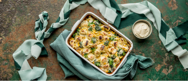 Recipes - Baked Chicken & Mozzarella Tortelloni with broccoli, corn and Alfredo sauce - Giovanni Ran