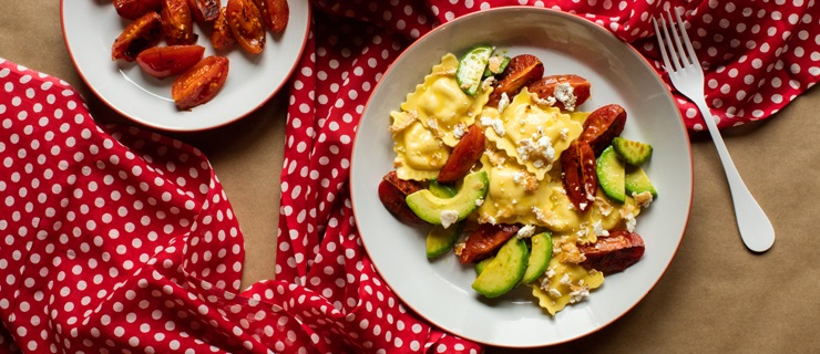 Spinach & Ricotta Ravioli with Avocado, Roasted Tomatoes and Feta Cheese