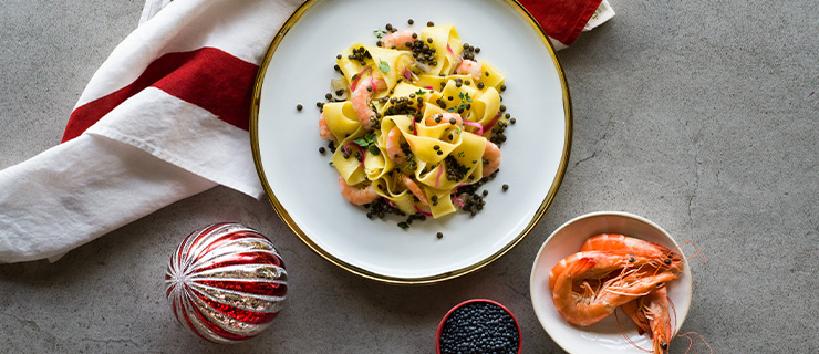Recipes - Pappardelle with shrimps and beluga lentils - Giovanni Rana