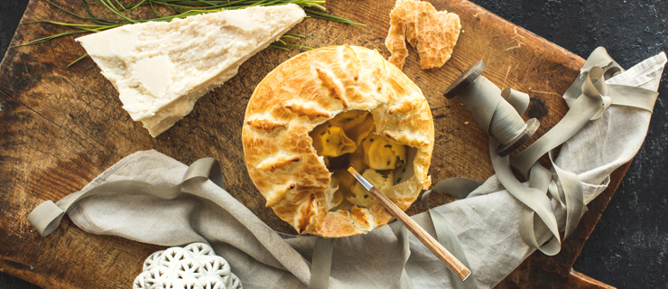 5 CHEESE TORTELLINI IN CHIVE BROTH WITH PUFF PASTRY TOP