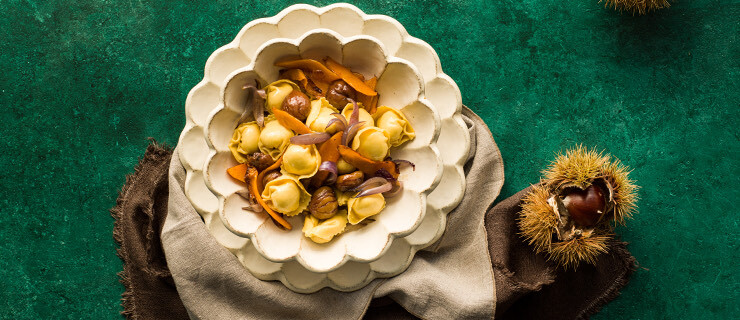 Chicken Mozzarella Tortelloni with caramelized red onion, butternut squash and chestnuts