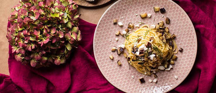 Linguine with eggplant and ricotta salata cheese