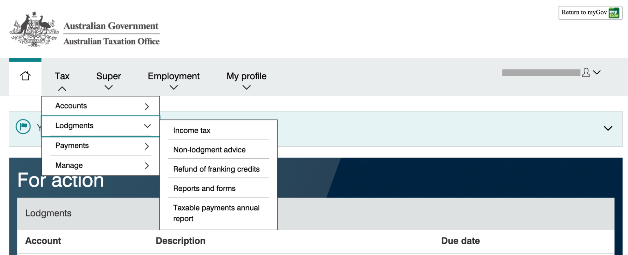 Once logged in, select Tax → Lodgements → Income tax