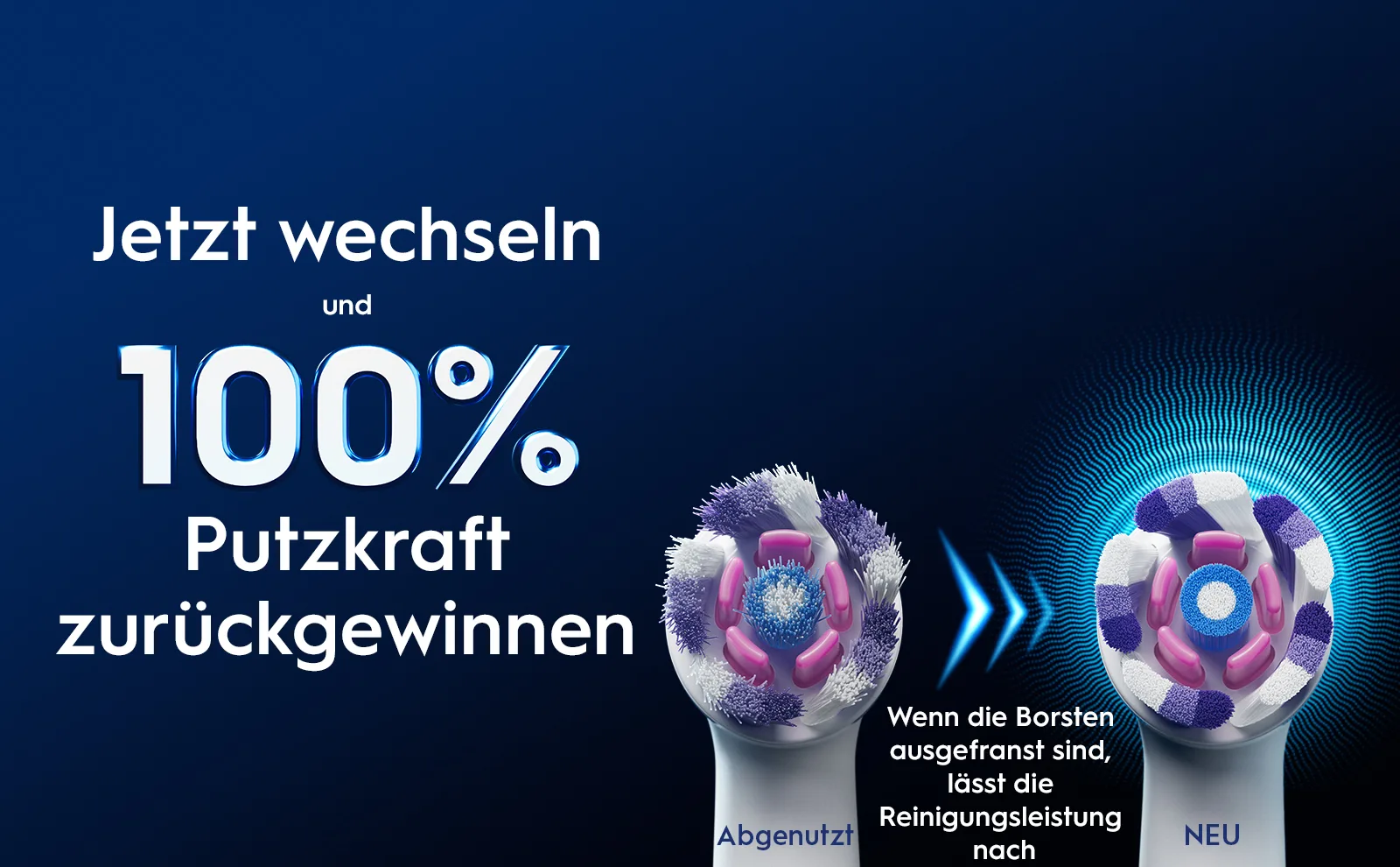Abgenutzter und neuer Bürstenkopf im Vergleich zeigt, wann der Bürstenkopf gewechselt werden sollte. 