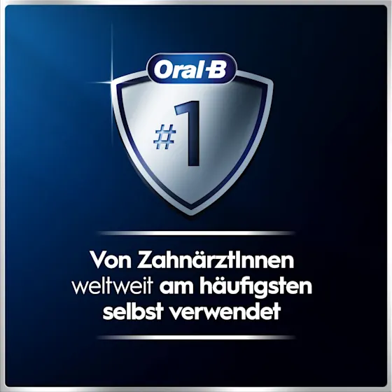 Oral-B iO6 elektrische Zahnbürste mit Verpackung, die geführte Reinigung mit der App hervorhebt, damit keine Stelle ausgelassen wird. Mit Made in Germany Anhänger.