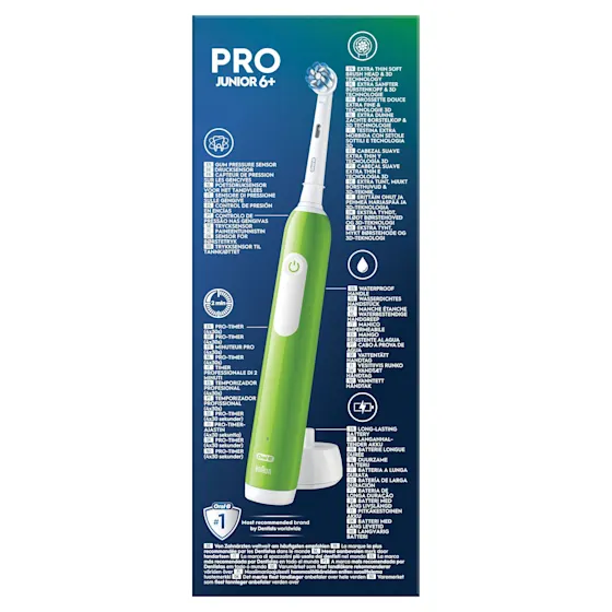 Oral-B PRO Junior 6+ elektrische ZahnbÃ¼rste mit Verpackung, die 3D Reinigung hervorhebt.