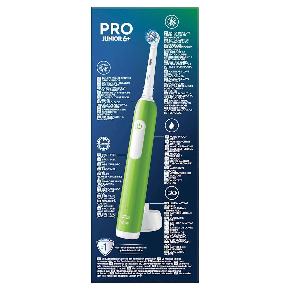 Oral-B PRO Junior 6+ elektrische Zahnbürste mit Verpackung, die 3D Reinigung hervorhebt.