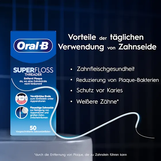 Oral-B Superfloss Threader Verpackung mit dem Hinweis auf 50 vorgeschnittene Zahnseidefäden zur Reinigung von Zahnspangen und unter Brücken.