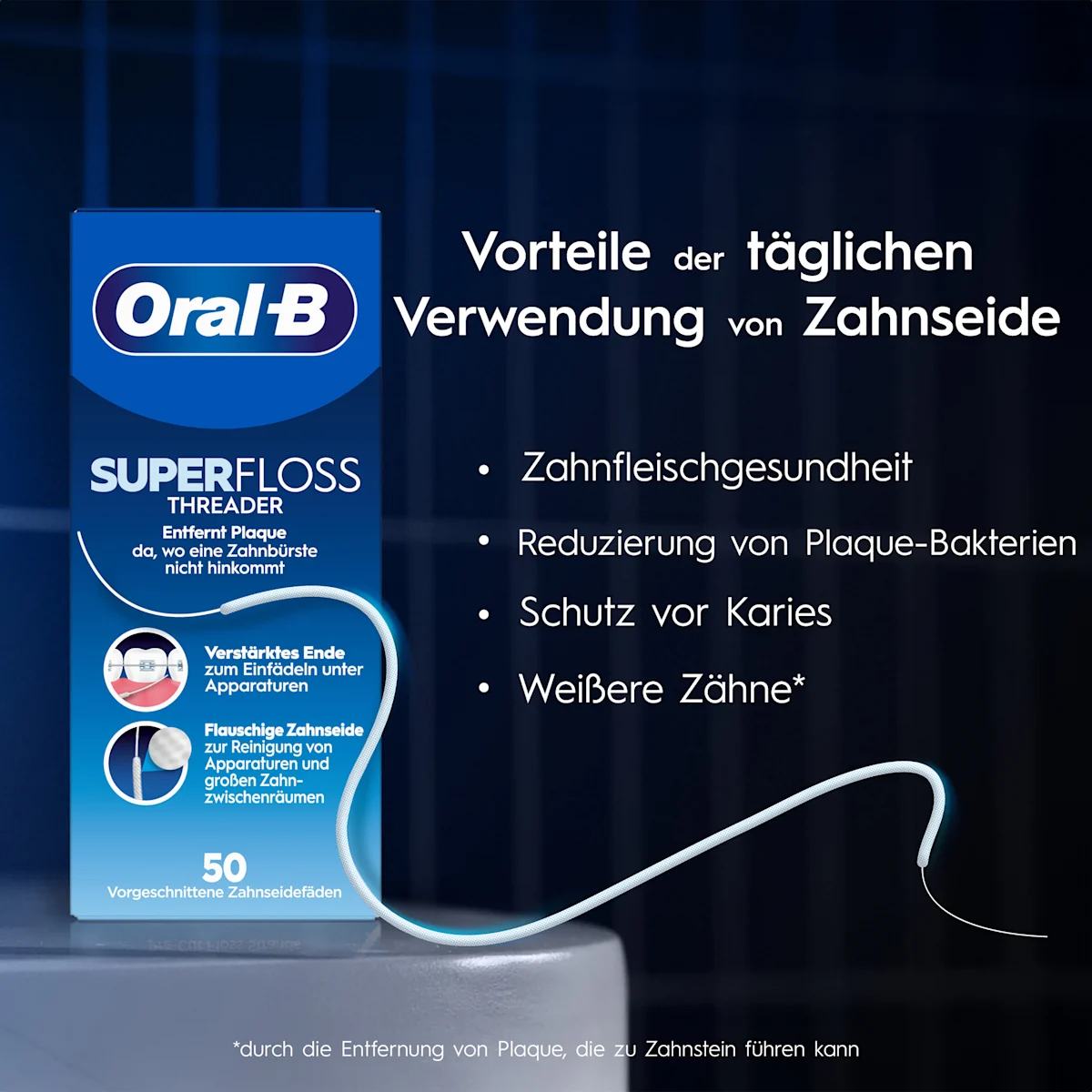 Oral-B Superfloss Threader Verpackung mit dem Hinweis auf 50 vorgeschnittene Zahnseidefäden zur Reinigung von Zahnspangen und unter Brücken.