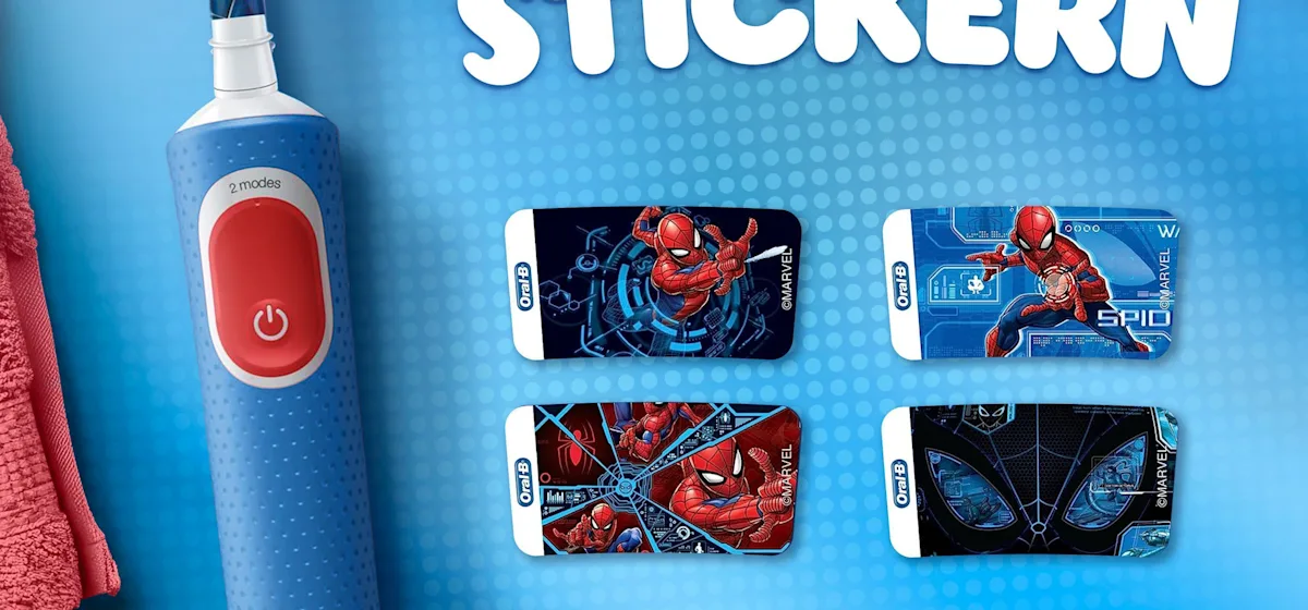 Oral-B PRO Kids elektrische Zahnbürste mit Marvel Spider-Man Design und Verpackung, für Kinder ab 3 Jahren.