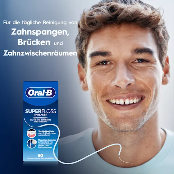 Oral-B Superfloss Threader Verpackung mit dem Hinweis auf 50 vorgeschnittene Zahnseidefäden zur Reinigung von Zahnspangen und unter Brücken.