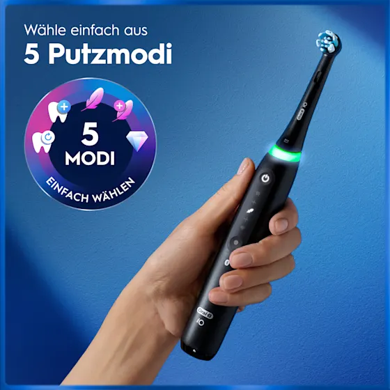 Oral-B iO5 Zahnbürste in Schwarz, zusammen mit Verpackung, Reiseetui und Ladefunktion; mit dem Hinweis Made in Germany.