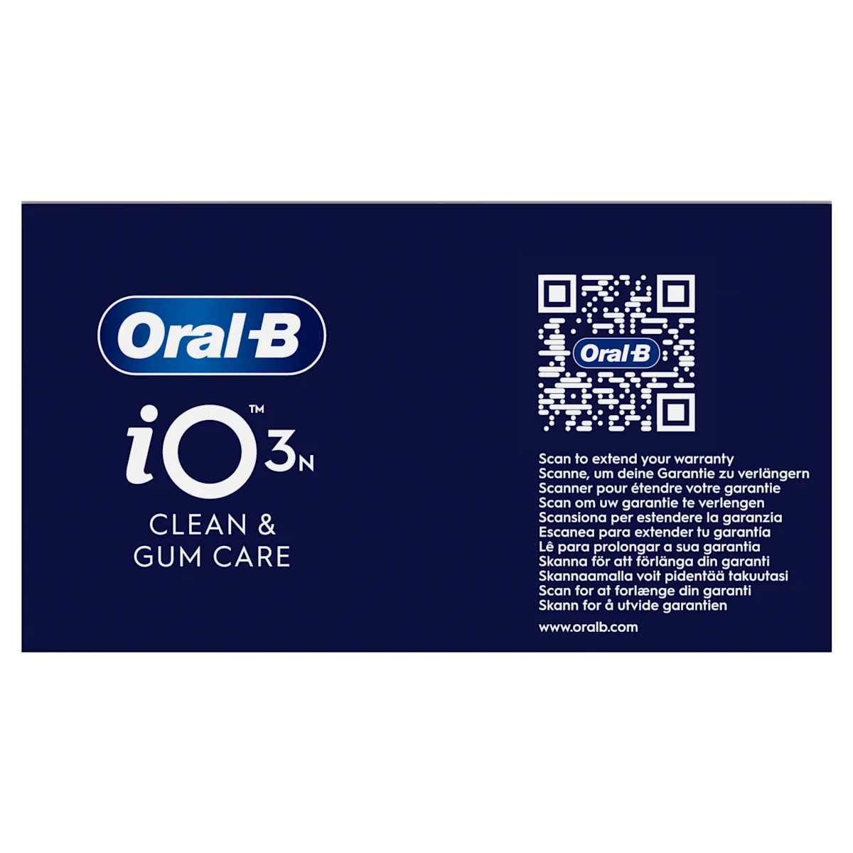 Oral-B iO3 elektrische Zahnbürste mit Verpackung, die die 360° visuelle Andruckkontrolle zur Schonung des Zahnfleisches hervorhebt. Mit Made in Germany Anhänger.