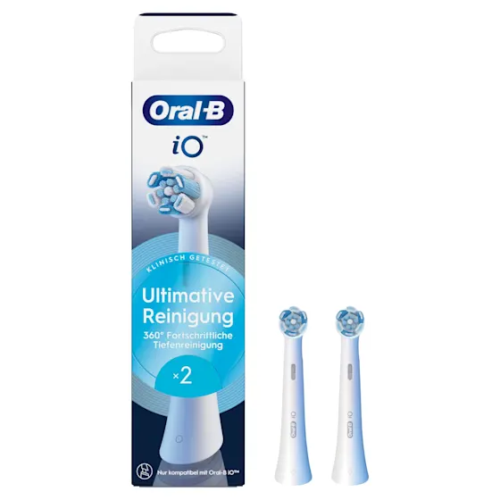 Oral-B iO Aufsteckbürsten, Verpackung mit dem Hinweis "Ultimative Reinigung" und 2 Bürsten.