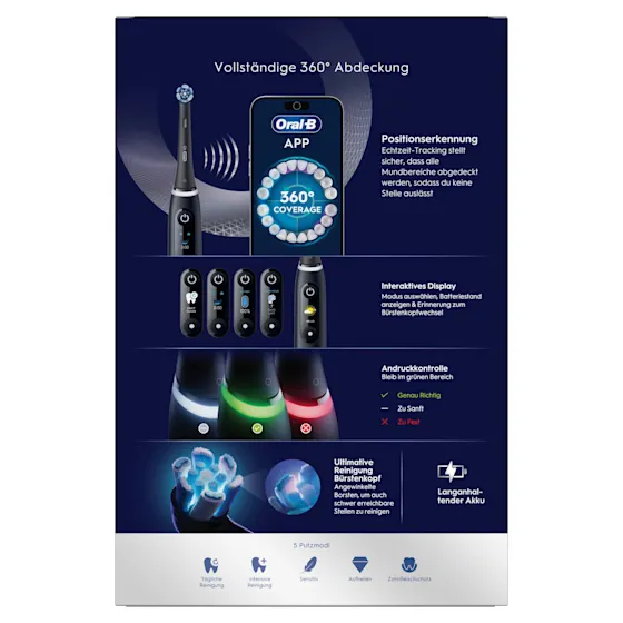 Oral-B iO6 elektrische Zahnbürste mit Verpackung, die geführte Reinigung mit der App hervorhebt, damit keine Stelle ausgelassen wird. Mit Made in Germany Anhänger.