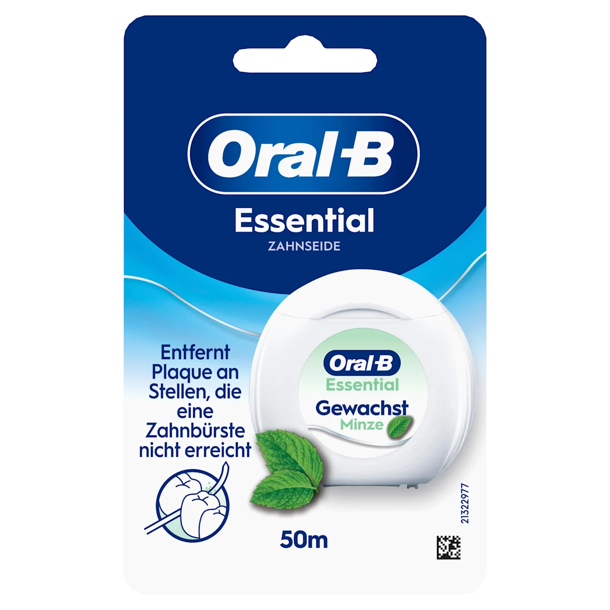 Oral-B Essential Zahnseide Verpackung, die den Hinweis "Entfernt Plaque an Stellen, die eine Zahnbürste nicht erreicht" hervorhebt.
