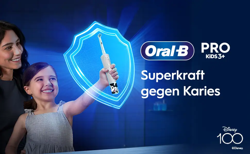 Frau mit einem Mädchen, das eine Oral-B Pro Kids 3+ Zahnbürste hält, mit Logo und Text daneben. 