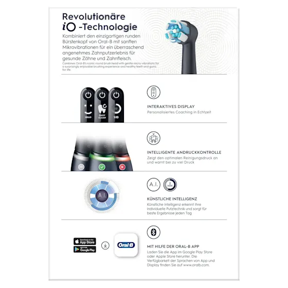Oral-B iO 6 Zahnbürsten-Duo mit interaktivem Display für angeleitetes Putzen und dem Hinweis "Made in Germany".