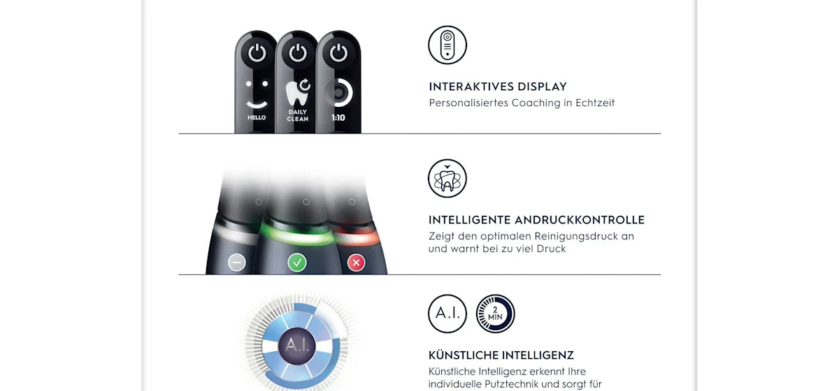 Oral-B iO 6 Zahnbürsten-Duo mit interaktivem Display für angeleitetes Putzen und dem Hinweis "Made in Germany".