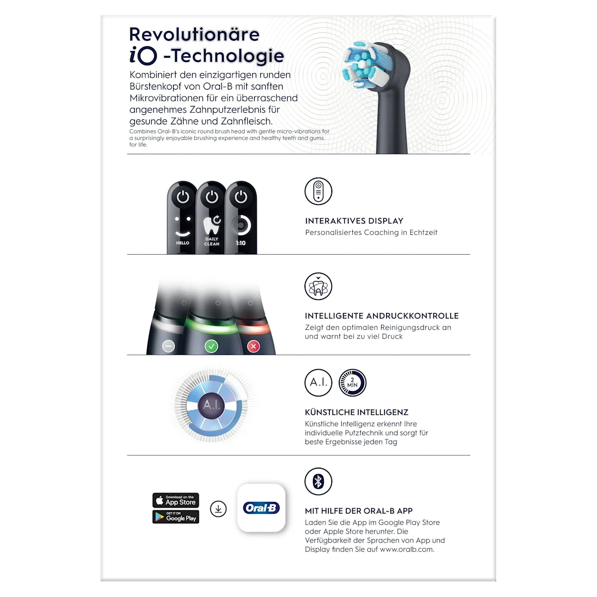 Oral-B iO 6 Zahnbürsten-Duo mit interaktivem Display für angeleitetes Putzen und dem Hinweis "Made in Germany".