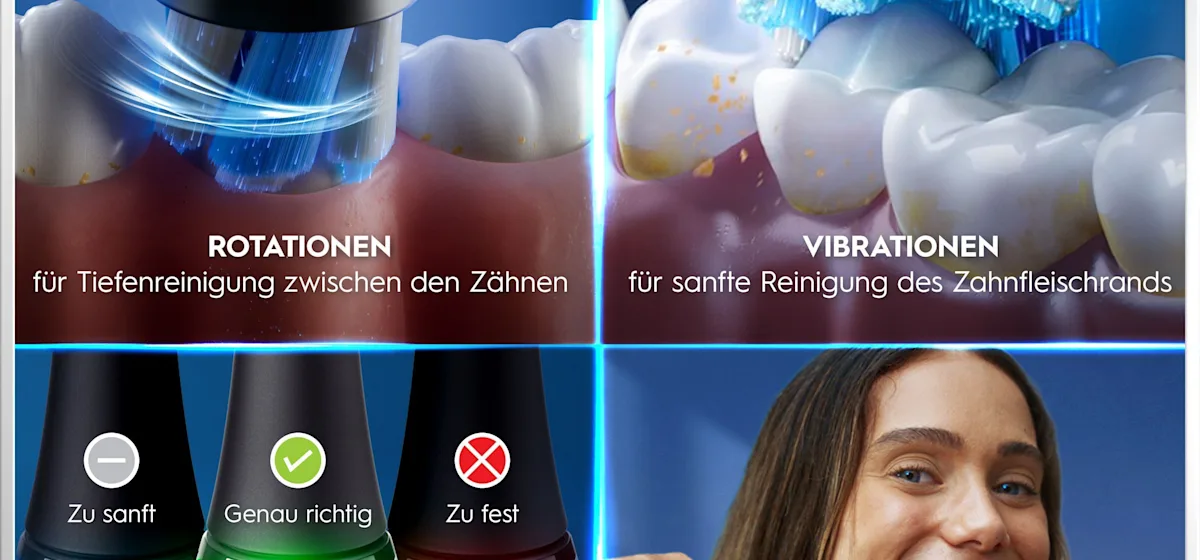 Oral-B iO6 elektrische Zahnbürste mit Verpackung, die geführte Reinigung mit der App hervorhebt, damit keine Stelle ausgelassen wird. Mit Made in Germany Anhänger.