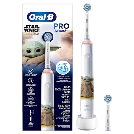 Oral-B Star Wars Mandalorian Pro Junior 6+ Zahnbürste, mit Verpackung und dem Hinweis "Von Zahnärzten weltweit am häufigsten verwendet". 