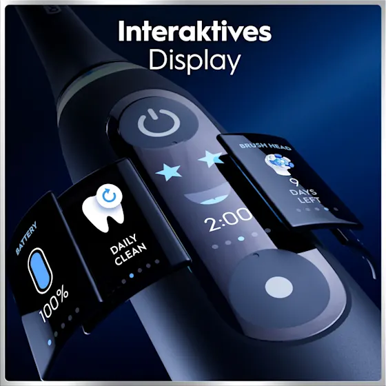 Oral-B iO6 elektrische Zahnbürste mit Verpackung, die geführte Reinigung mit der App hervorhebt, damit keine Stelle ausgelassen wird. Mit Made in Germany Anhänger.