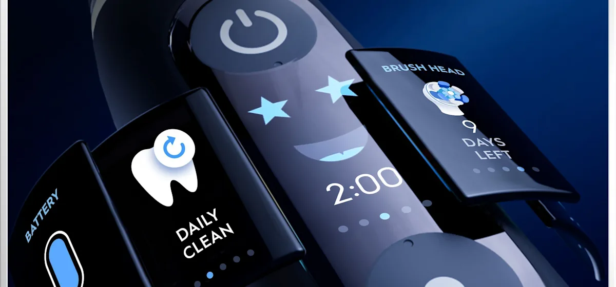 Oral-B iO6 elektrische Zahnbürste mit Verpackung, die geführte Reinigung mit der App hervorhebt, damit keine Stelle ausgelassen wird. Mit Made in Germany Anhänger.