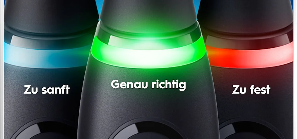 Oral-B iO6 elektrische Zahnbürste mit Verpackung, die geführte Reinigung mit der App hervorhebt, damit keine Stelle ausgelassen wird. Mit Made in Germany Anhänger.
