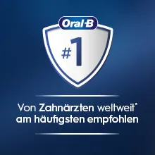 Oral-B Logo mit Text darüber, warum die Marke, die von Zahnärzten am häufigsten genutzte ist. 