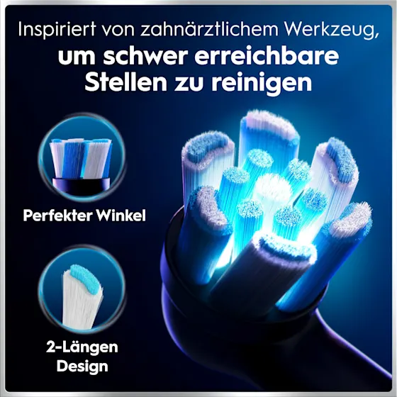 Oral-B iO6 elektrische Zahnbürste mit Verpackung, die geführte Reinigung mit der App hervorhebt, damit keine Stelle ausgelassen wird. Mit Made in Germany Anhänger.